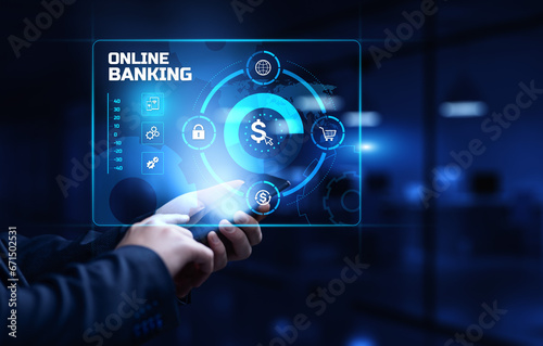 Online banking e-banking digital finance technology. Businessman pressing button on screen. photo