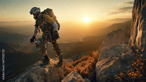 A man stands on a mountain with a sunset in the background.