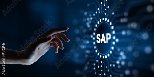 SAP Business process automation software system on virtual screen. photo