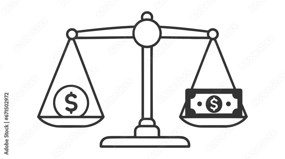 A vector illustration of a balance scale with a dollar coin on one side and a dollar banknote on the other. A vector illustration of a balance scale with a dollar coin on one side and a dollar banknote on the other.