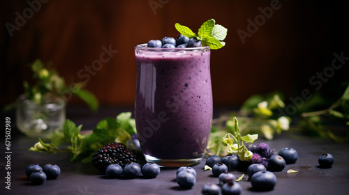 A blueberry smoothie with mixed leaves