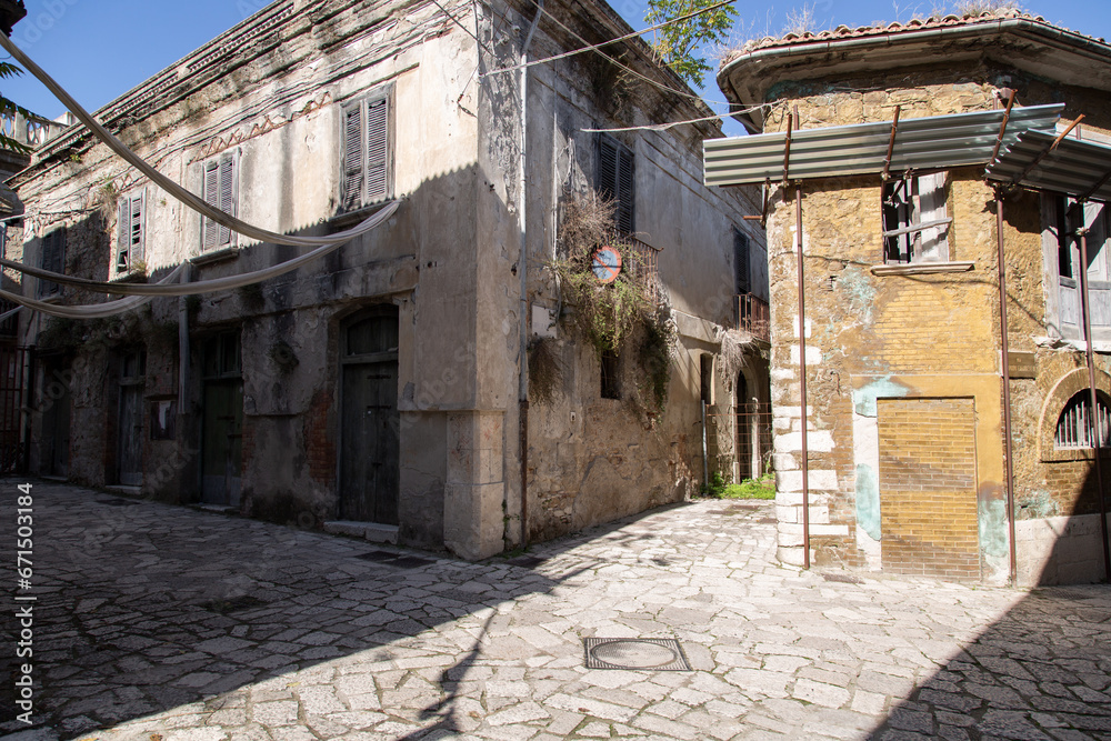 Abandoned houses in a ghost town in the province of Benevento in Italy. Village of old Apice (Borgo di Apice Vecchia)