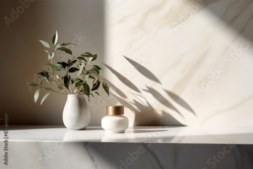 Minimal marble stone counter with cosmetic beauty products  and leaf shadow on cement wall background. Generative AI