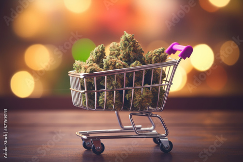 Supermarket shopping cart loaded with marijuana buds