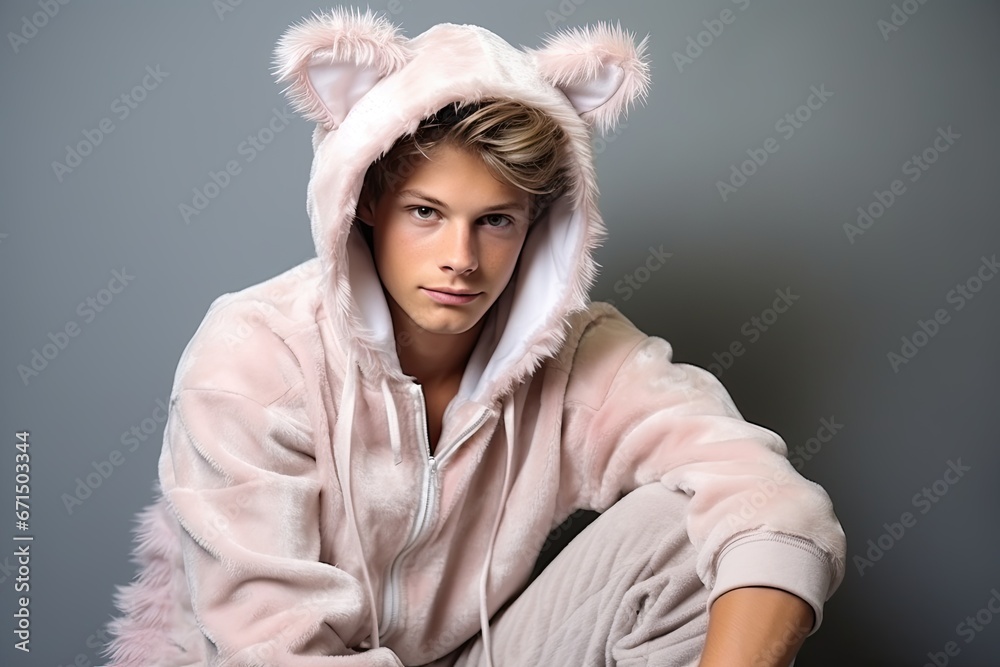 Stylish and elegant young man with a bright personality wears glamorous fashionable home pajamas. Stylish and elegant young man with a bright personality wears glamorous fashionable home pajamas.