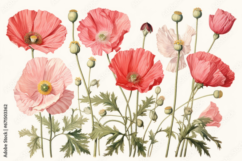 Naklejka premium Creative botanical illustration of poppies on white background