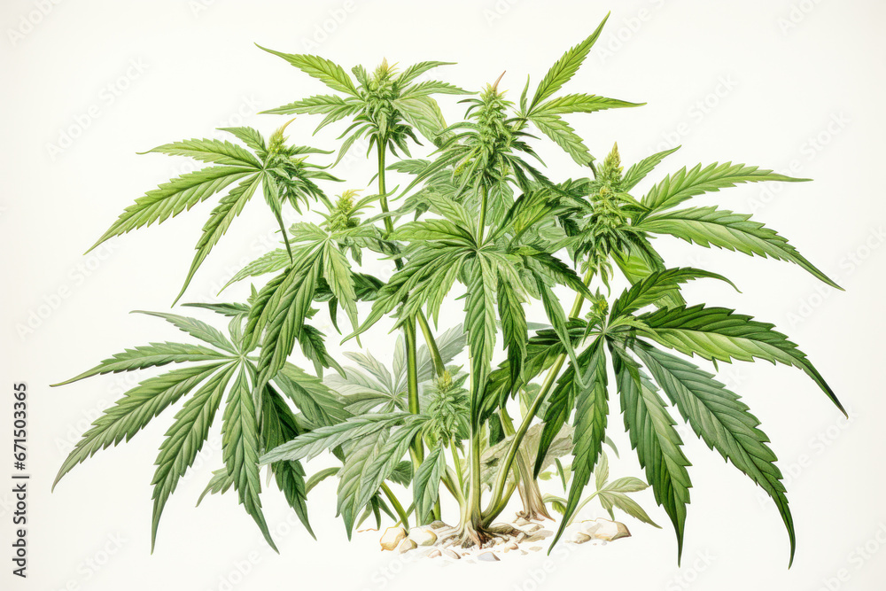 Creative drawing of cannabis plant on white background