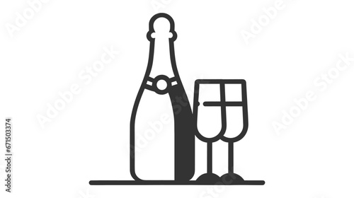 Black outlined vector icon of a champagne bottle with a label and two filled glasses