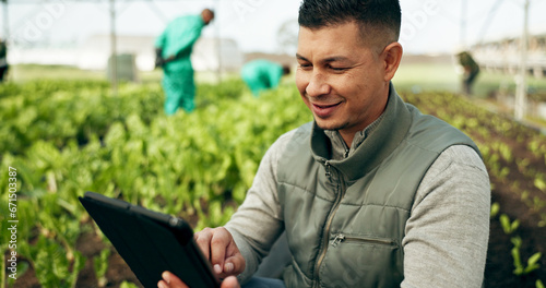 Tablet, innovation and a man in a farm greenhouse for growth, sustainability or plants agriculture. Technology, research and agribusiness with a farmer tracking crops in season for eco science