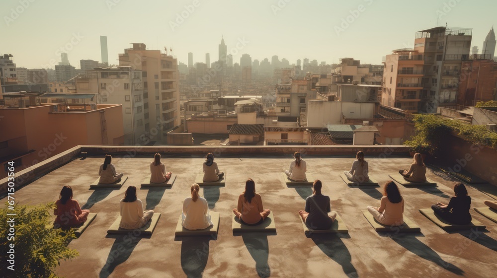 Diverse gathering of individuals from various communities races and cultures come to meditate on rooftop symbolising peace. Men and women sit in lotus poses to meditate on rooftop at sunrise.