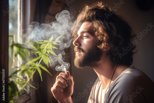 Young marijuana user smoking cannabis joint or cart near the window photo