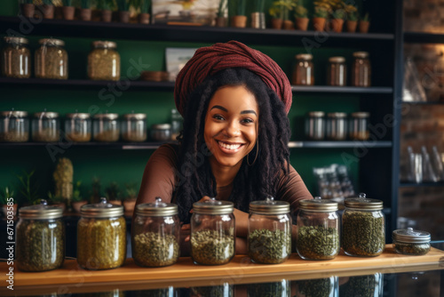 Smiling girl, owner of cannabis dispensary or coffee shop photo