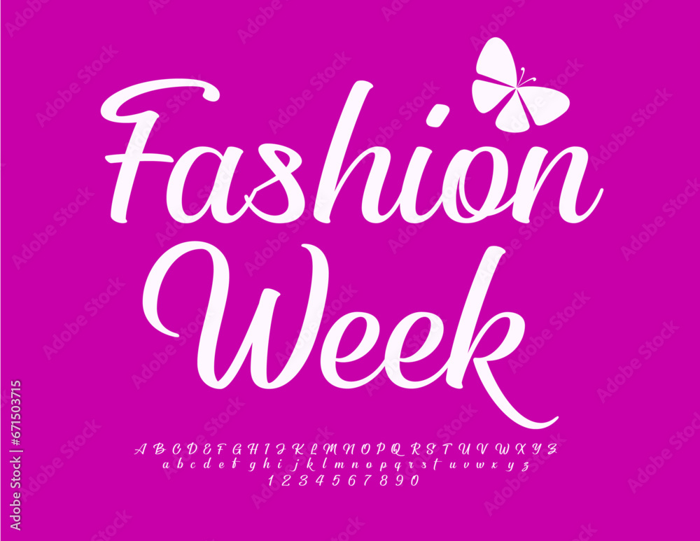 Vector elegant banner Fashion Week with decorative Butterfly. Set of stylish Alphabet Letters and Numbers. White cursive Font