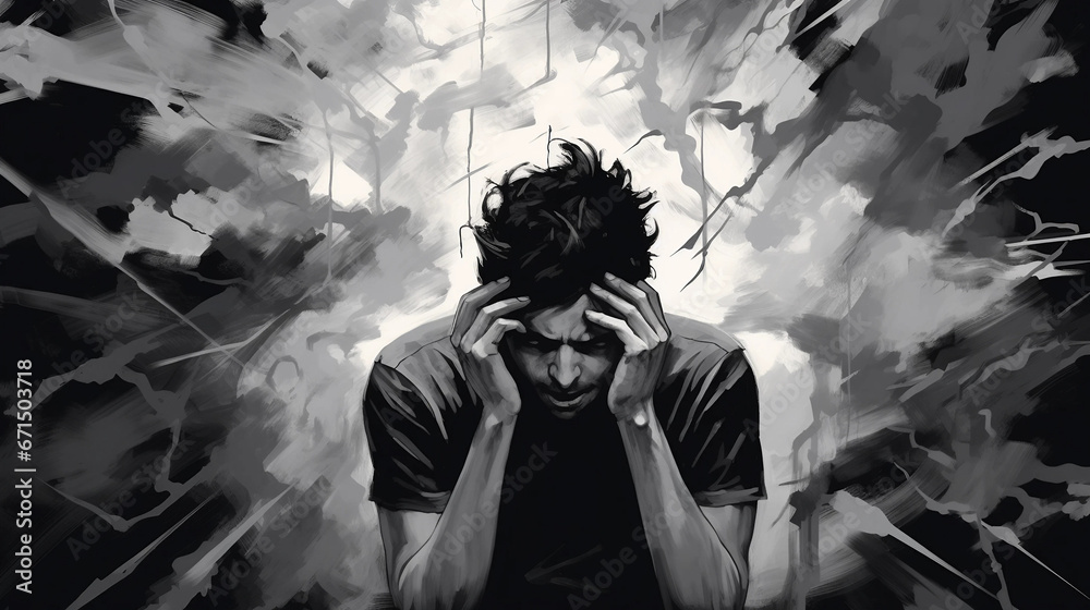 Depression and Anxiety Heavy Burden illustration black white color image.A man have a depression. 