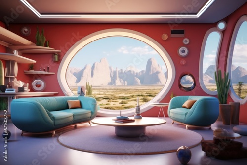 Video conference futuristic living room, zoom background, Generative AI photo
