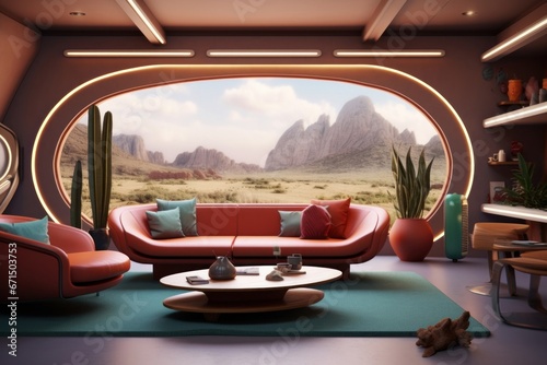 Video conference futuristic living room, zoom background, Generative AI photo