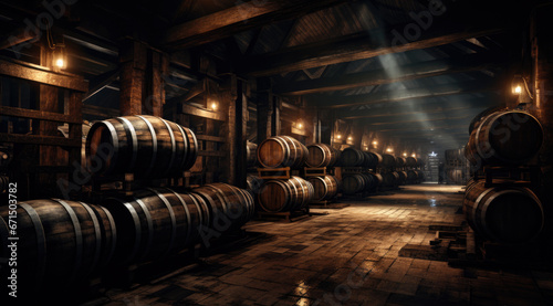 Old cellar with bottles and barrels under castle making wine.