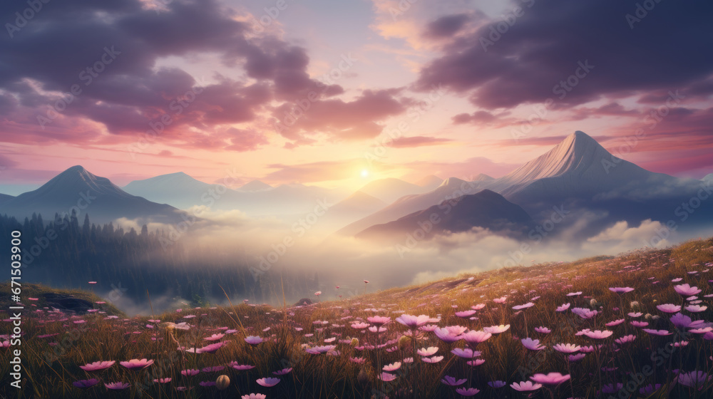 Terraced field, wild flowers, pink sunrise, fog in the mountains