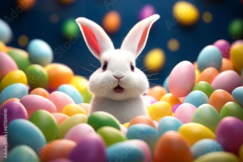 Happy Small White Easter Bunny surrounded with colourful easter eggs, Generative AI