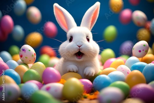 Happy Small White Easter Bunny surrounded with colourful easter eggs, Generative AI