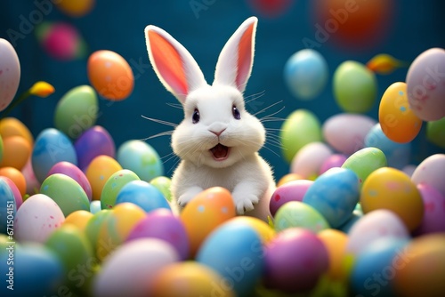 Happy Small White Easter Bunny surrounded with colourful easter eggs, Generative AI