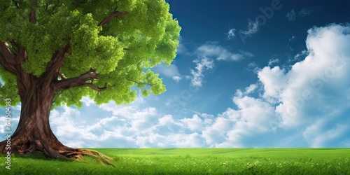 Nature canvas. Serene field and meadow in summer sunlight. Rural tranquility. Landscape with bright sky. Solitary beauty. One majestic tree in peaceful countryside