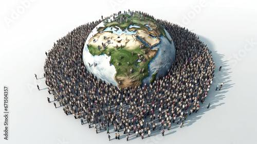 A group of people are around the earth, with the words world on the top.