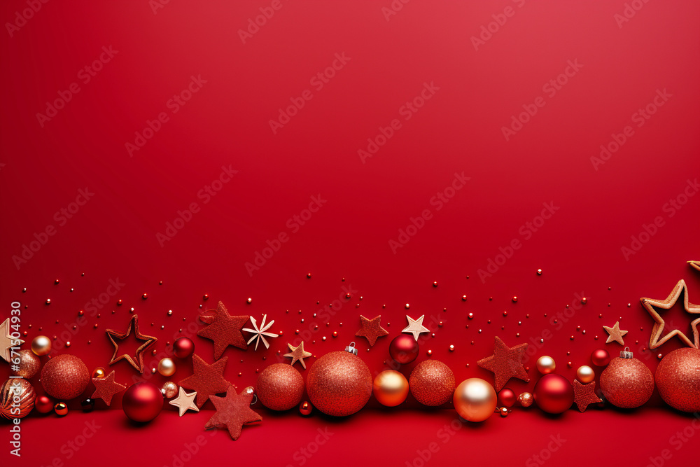 Christmas card with decorations on red background. Copyspace. Christmas card with decorations on red background. Copyspace.