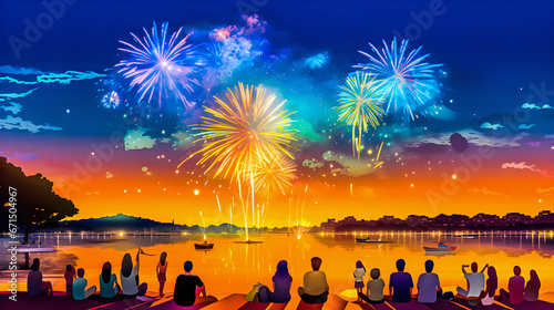 watorcolor style of people watching fireworks by the water in Scenery of the summer festival.