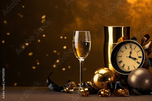 New Years Eve celebration Champagne glasses and gold Christmas decorations 