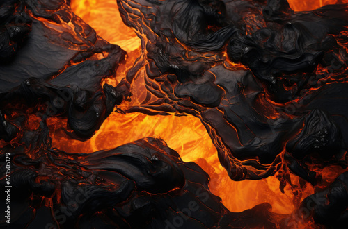 Red Orange vibrant Molten Lava flowing onto grey lavafield and glossy rocky land near hawaiian volcano with vog on background photo