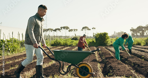 Man, wheelbarrow and soil for working on farm for agribusiness, landscaping or gardening in countryside. Person, walk and field for nutrition, eco development or future growth by planting for harvest photo