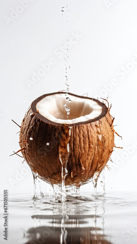 A coconut splashes into the water with the word coconut on it