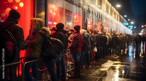 Shoppers eagerly waiting outside a store in the dead of night, captured under the glow of neon signs, setting the stage for Black Friday excitement.