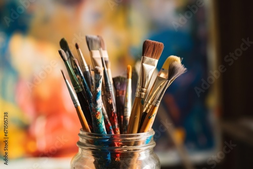 Close up of jar full of paintbrushes, Generative AI
