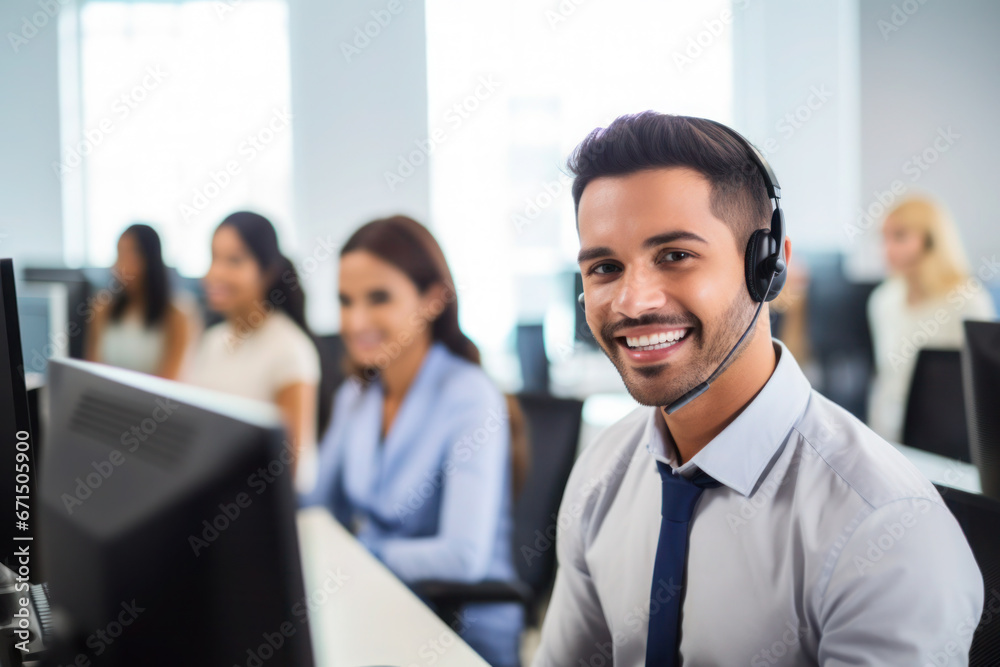 Call centre specialist, help desk service operator talking with client Call centre specialist, help desk service operator talking with client
