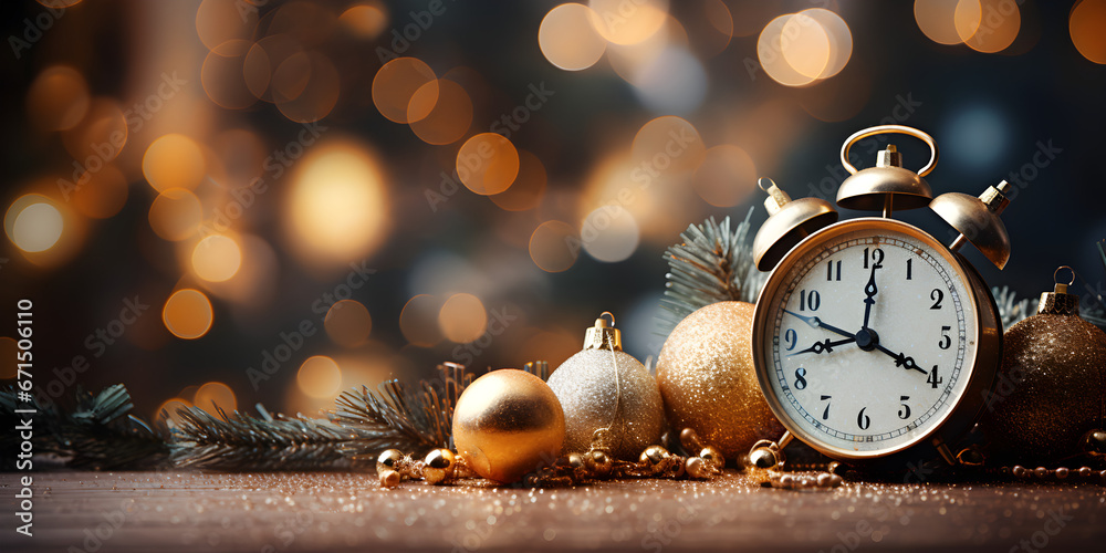 New Years Eve clock and gold Christmas decorations 