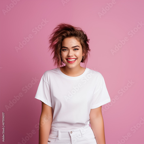 Mock-up t-shirt beautiful smiley  woman white t-shirt