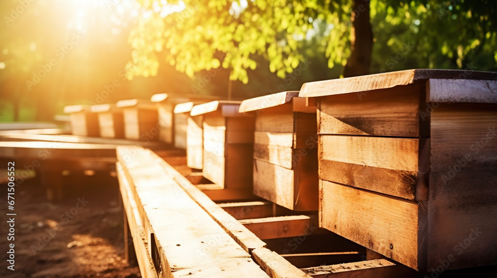 Closeup of honey hives in an apiary, sunny day. Apiculture concept. Generative AI Closeup of honey hives in an apiary, sunny day. Apiculture concept. Generative AI