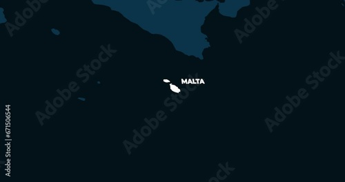 World Map Zoom In To Malta. Animation in 4K Video. White Malta Territory On Dark Blue World Map