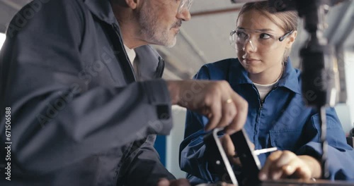 Instructor showing apprentice how to measure metal parts in workshop