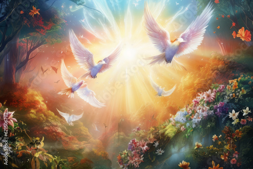 The concept of ``Garden of Eden'' that appears in the Old Testament ``Genesis''. A dove in the sky of "Paradise". The garden is filled with light filled with happiness, hope, and love. © omune