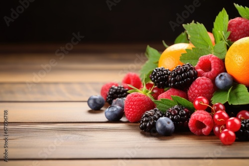 Wallpaper Mural A bunch of summer berries on a wooden table close-up. Strawberry, raspberries, blackberries. Generated by artificial intelligence Torontodigital.ca