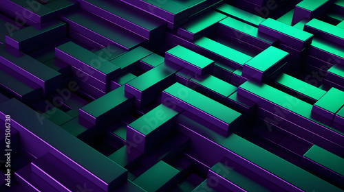 Abstract 3d render, purple and green geometric background design with lines. Generative AI.