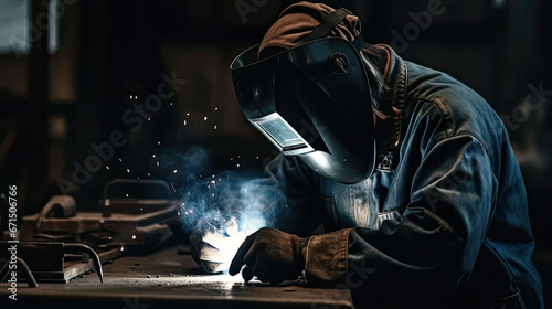 A man wearing a gas mask is working or welding on a piece of metal.