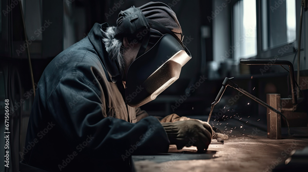 A man wearing a gas mask is working or welding on a piece of metal. A man wearing a gas mask is working or welding on a piece of metal.