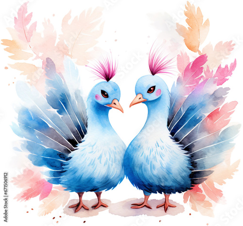 Watercolor Baby Cartoon Turkey Couple in Blue, Isolated