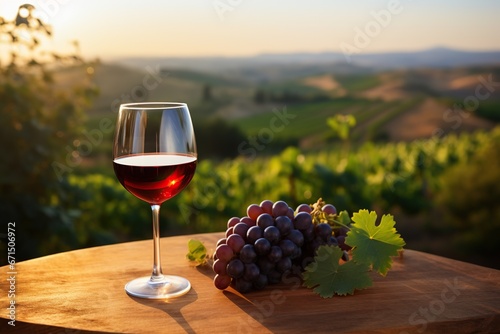 A glass of red wine on a wooden table against a backdrop of a panoramic view of lush vineyards at sunset. Tastings  celebrations and winemaking concept. Generated by artificial intelligence
