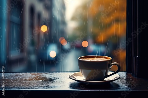 Rainy day. Enjoying warm cup by window. Cosy reflections. Coffee on wooden table by rain streaked. Morning in rainy hues. Aromatic by wet