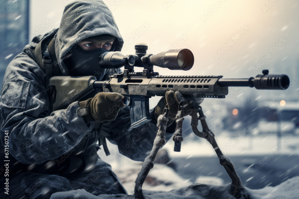 A scout sniper in cold-weather prepares his shot on target using a sniper rifle. Generative Ai A scout sniper in cold-weather prepares his shot on target using a sniper rifle. Generative Ai